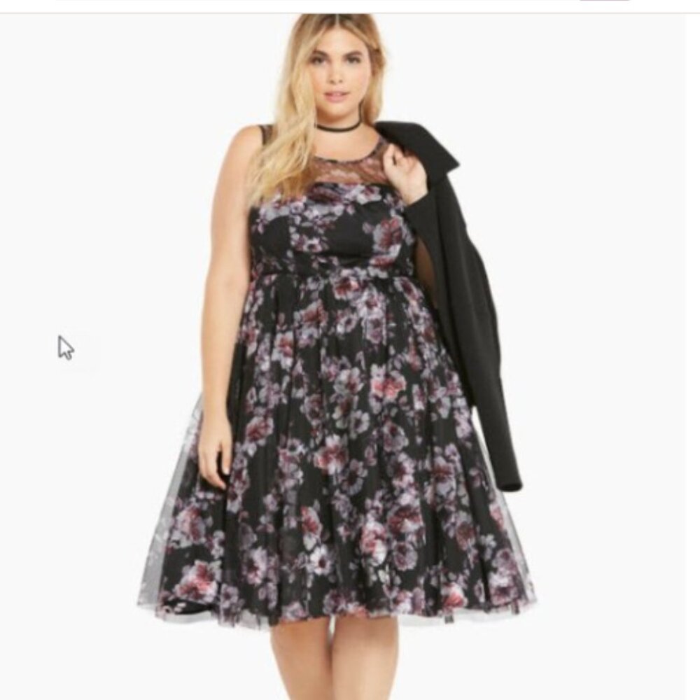 NWT Torrid Floral Mesh Illusion Midi Dress Black Dark Floral Size 26 Plus Boho